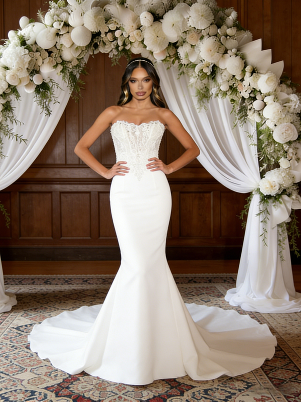 White Mermaid Strapless Appliques Wedding Dress