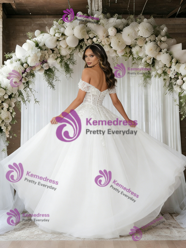 White Tulle Off the Shoulder Appliques Wedding Dress
