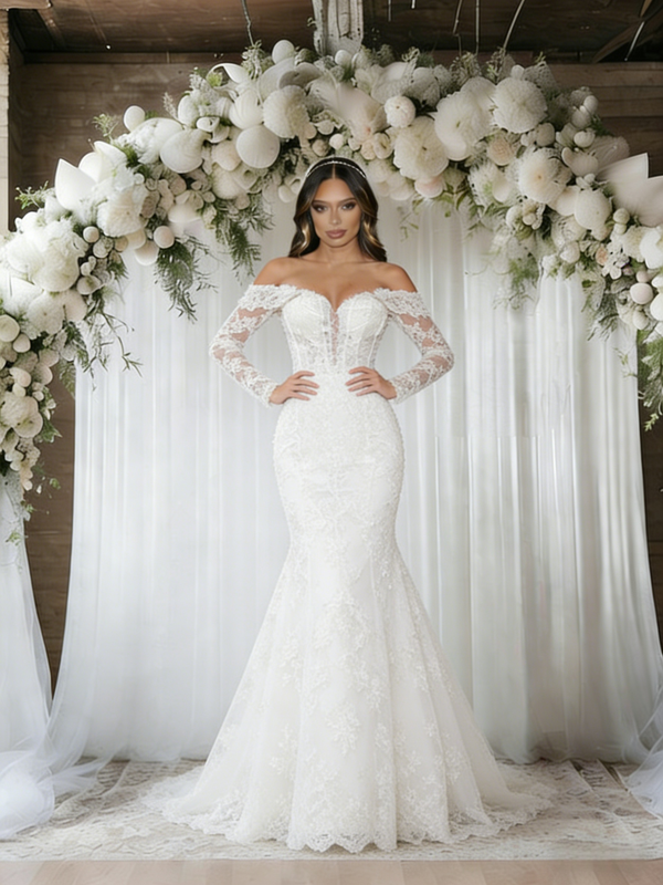 White Mermaid Lace Long Sleeve Wedding Dress