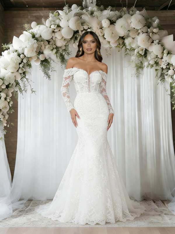 White Mermaid Lace Long Sleeve Wedding Dress