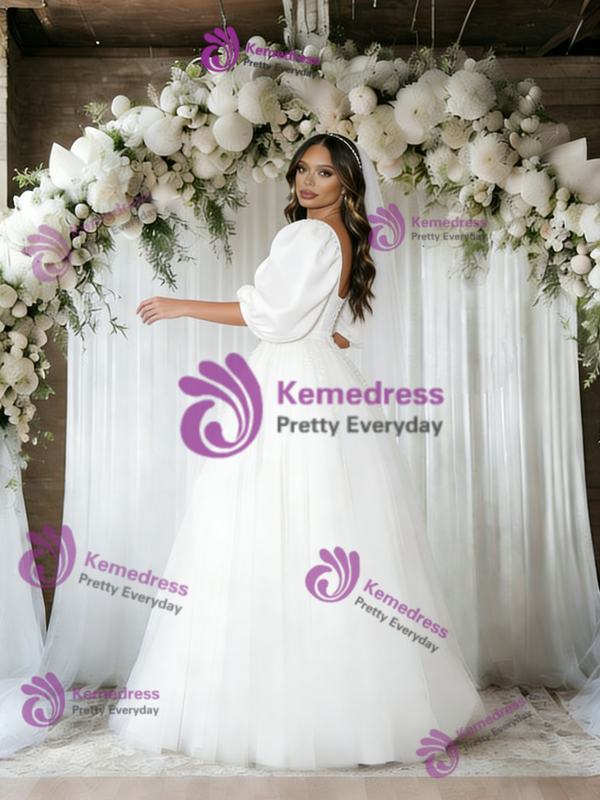 White Puff Sleeve Square Neck Wedding Dress