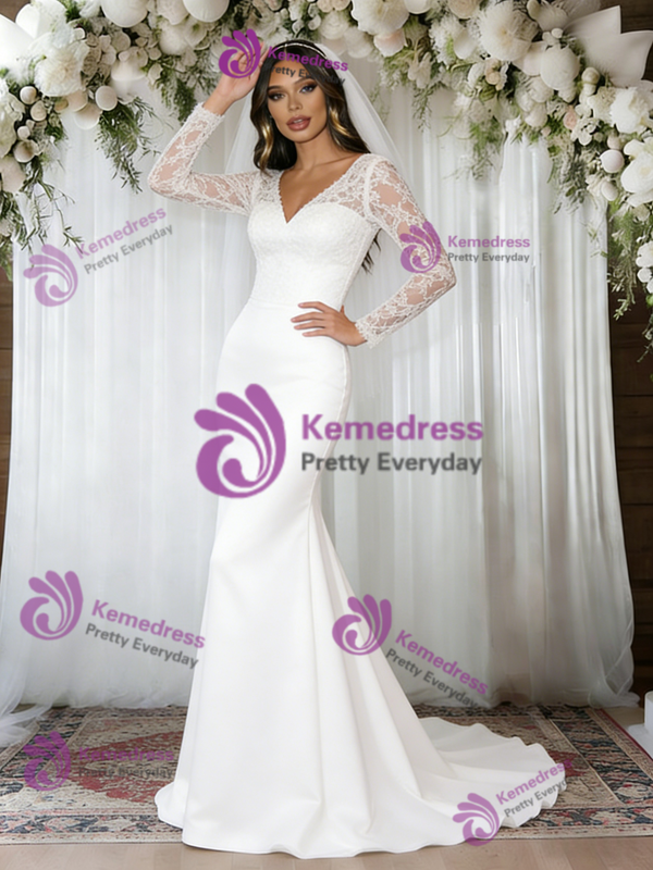 White Mermaid Long Sleeve V-neck Wedding Dress