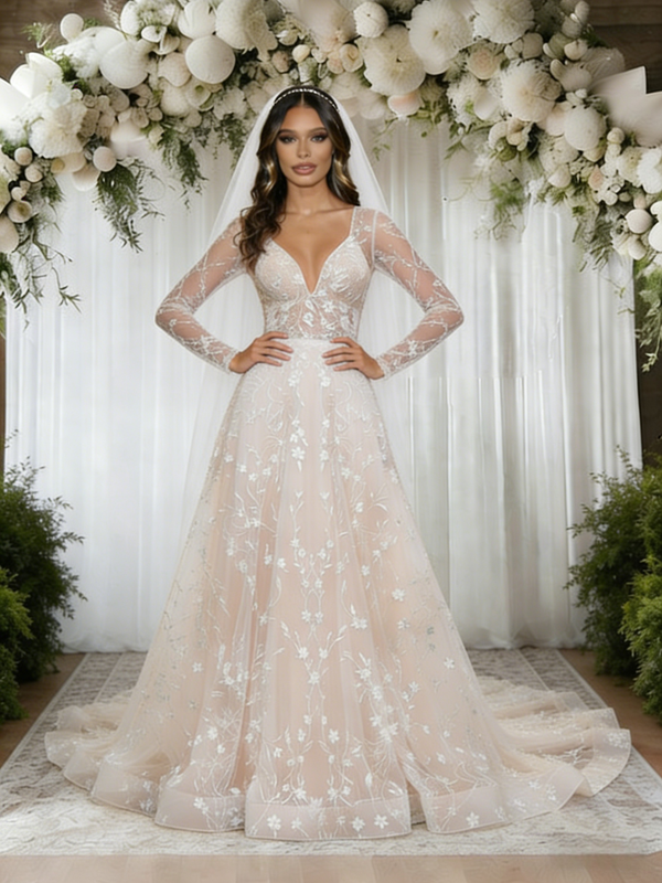 Champagne Tulle Lace Long Sleeve Wedding Dress