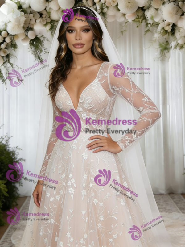 Champagne Tulle Lace Long Sleeve Wedding Dress