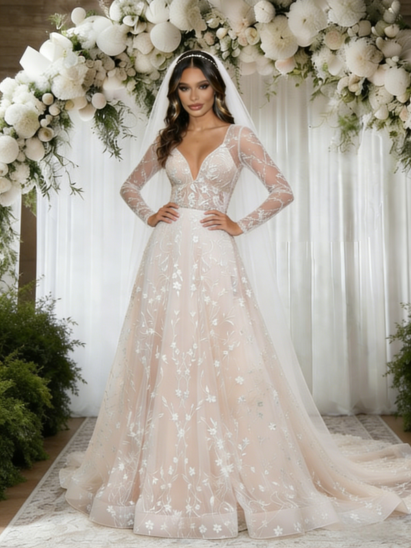 Champagne Tulle Lace Long Sleeve Wedding Dress