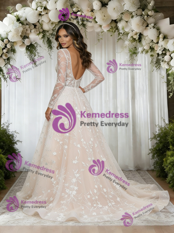 Champagne Tulle Lace Long Sleeve Wedding Dress