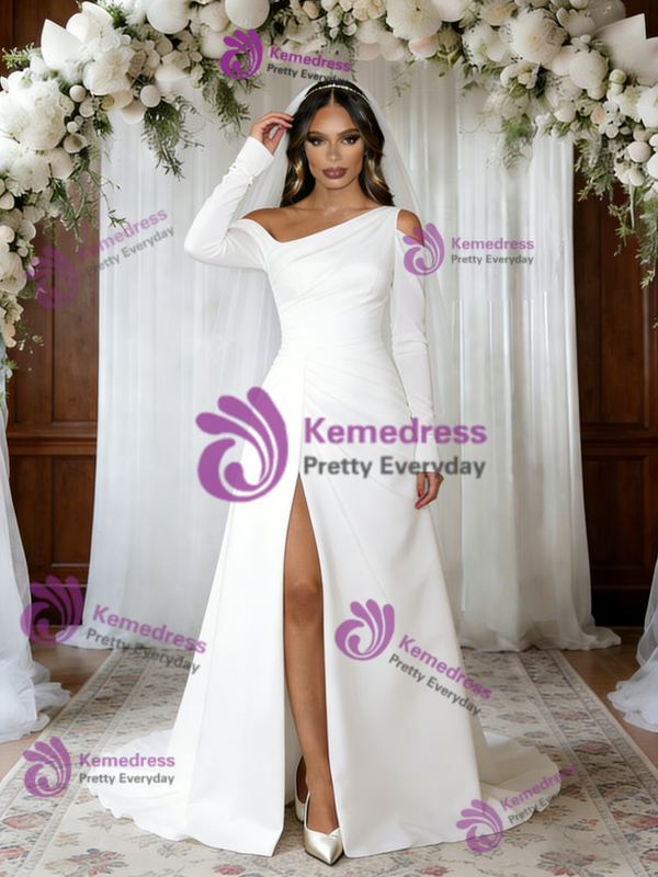 White Irregular Neck Long Sleeve Wedding Dress