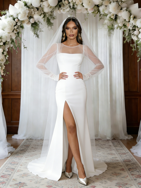White Mermaid Long Sleeve Wedding Dress