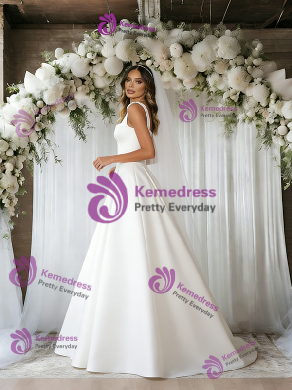 Simple White Satin Straps Wedding Dress