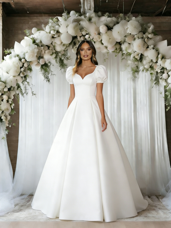 White Puff Sleeve Square Neck Wedding Dress