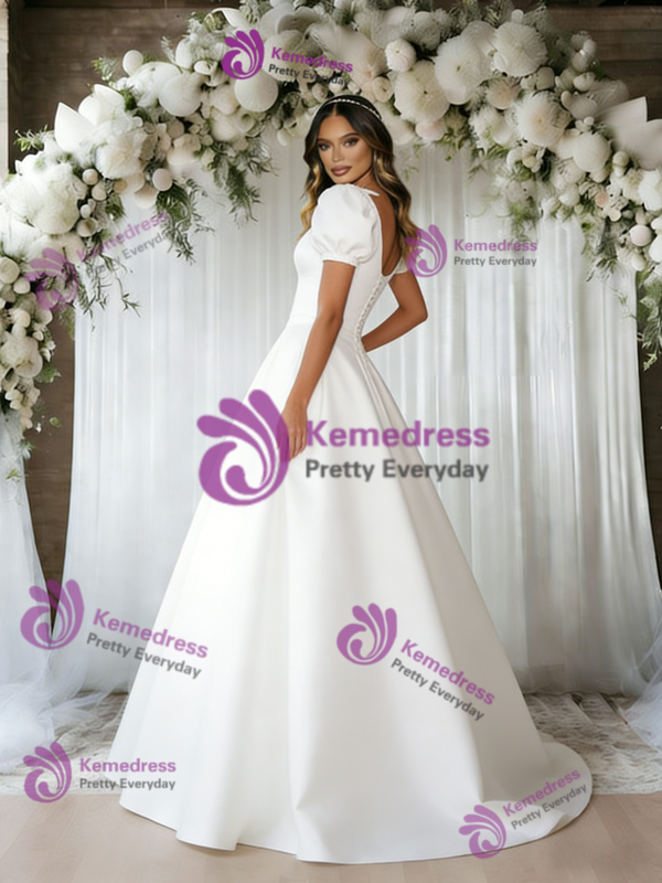 White Puff Sleeve Square Neck Wedding Dress