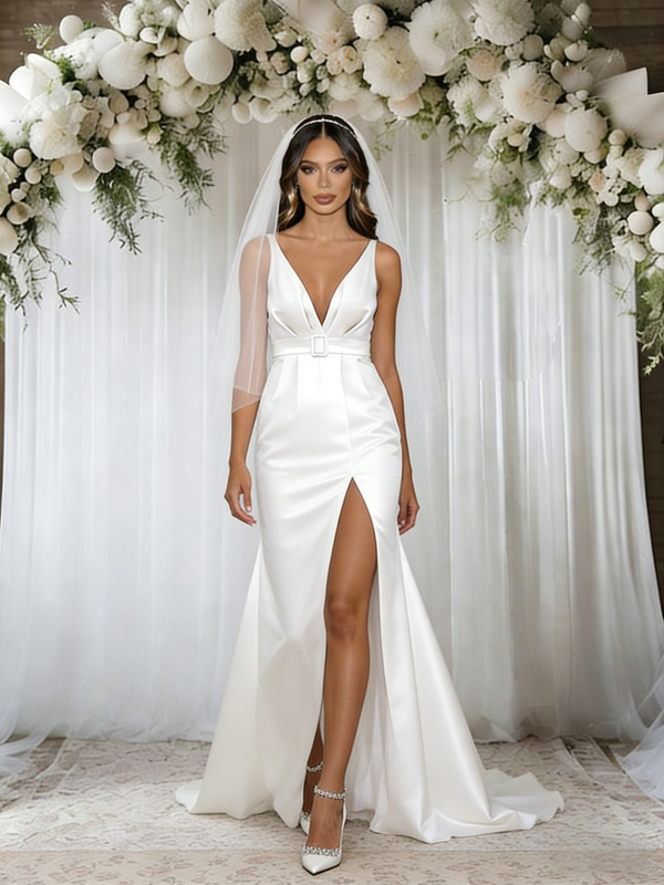 White Mermaid Satin V-neck Split Wedding Dress