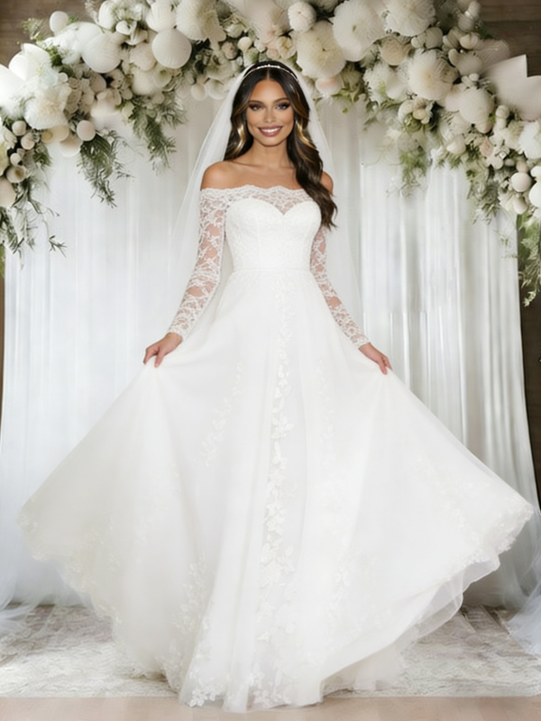 White Lace Long Sleeve Wedding Dress