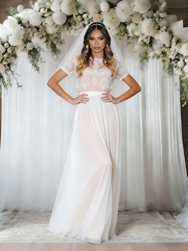 White Chiffon Lace Short Sleeve Wedding Dress