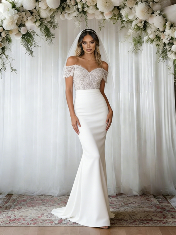 White Mermaid Off the Shoulder Lace Wedding Dress