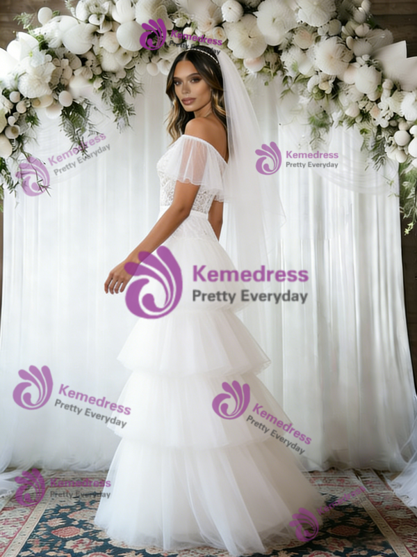 White Tulle Off the Shoulder Lace Wedding Dress