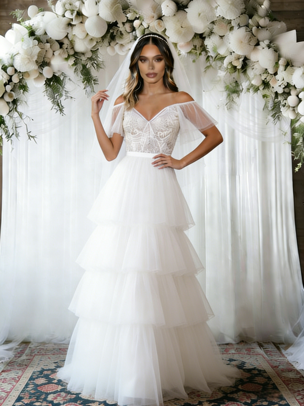 White Tulle Off the Shoulder Lace Wedding Dress