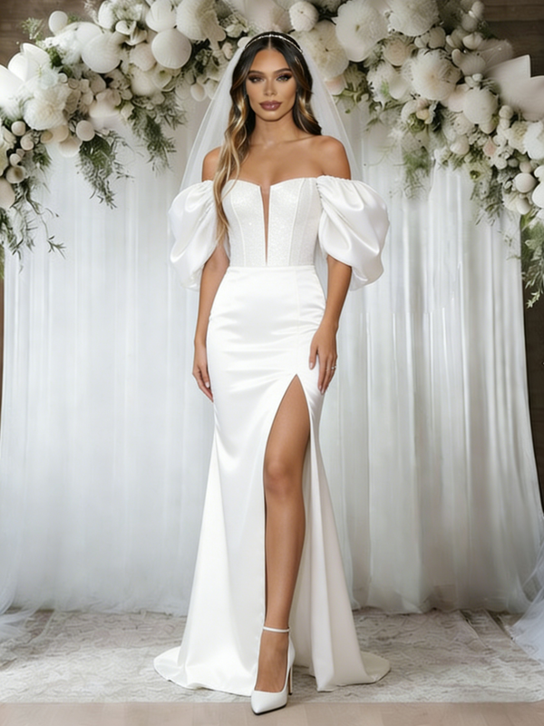 White Satin Split Wedding Dress