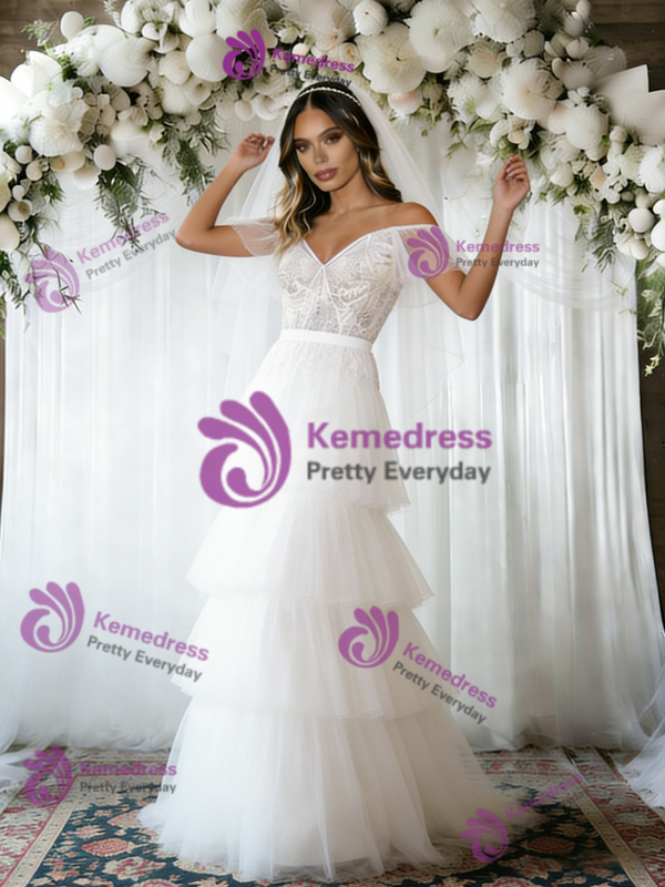 White Tulle Lace Off the Shoulder Wedding Dress