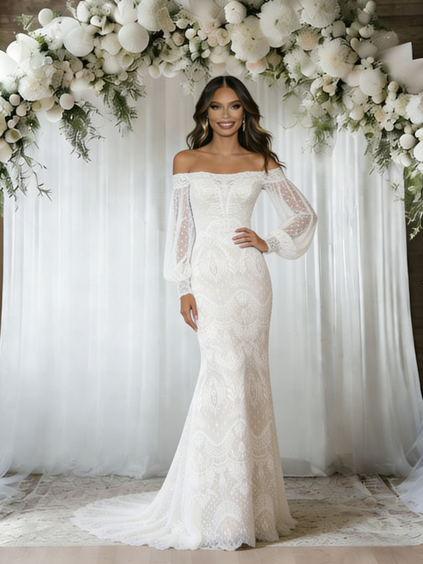 White Mermaid Lace Long Sleeve Wedding Dress