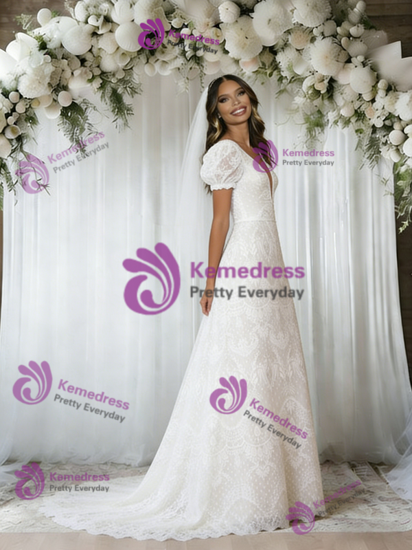A-Line White Lace Puff Sleeve Wedding Dress