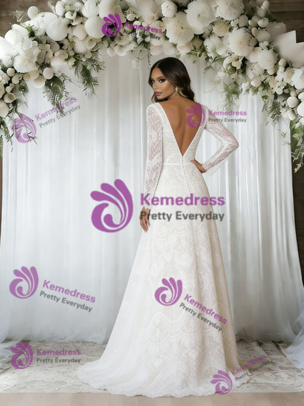 White Lace Long Sleeve Wedding Dress