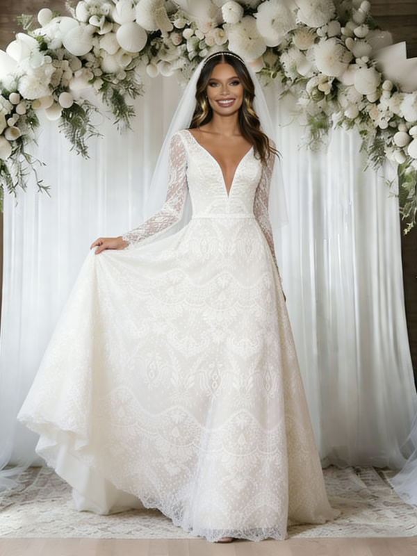 White Lace Long Sleeve Wedding Dress