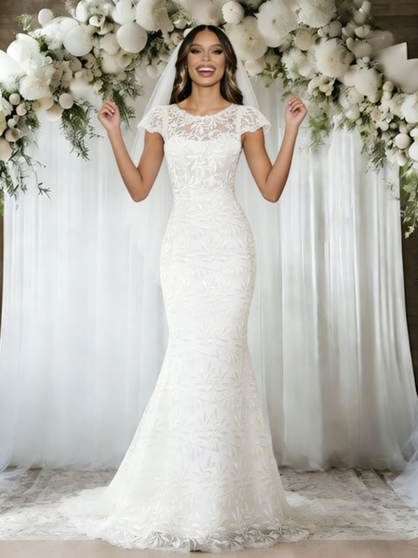 White Mermaid Lace Cap Sleeve Wedding Dress
