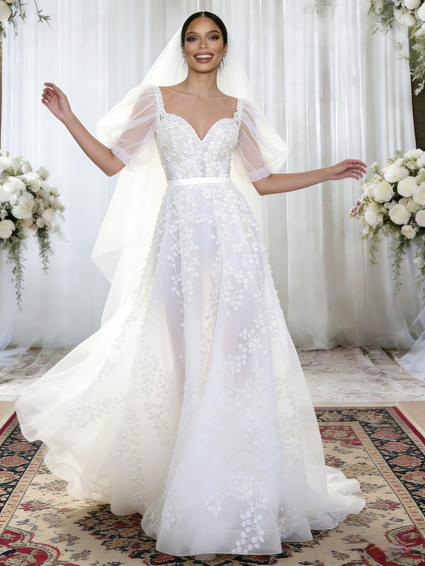 White Tulle Puff Sleeve Appliques Wedding Dressu