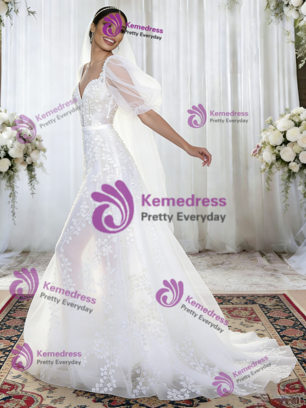 White Tulle Puff Sleeve Appliques Wedding Dressu