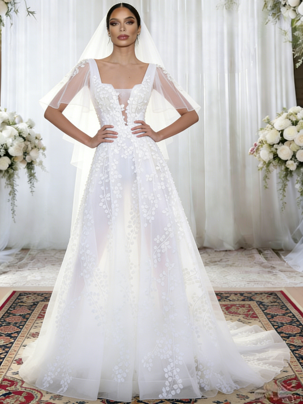 White Tulle Square Neck Appliques Wedding Dress
