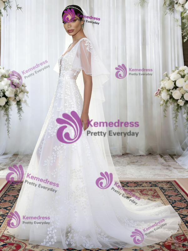 White Tulle Square Neck Appliques Wedding Dress