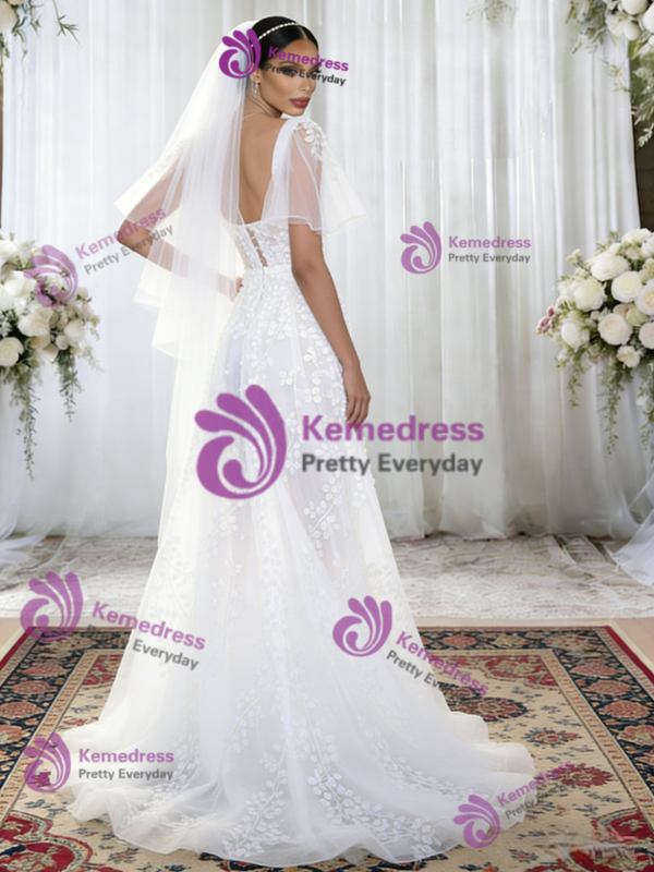 White Tulle Square Neck Appliques Wedding Dress