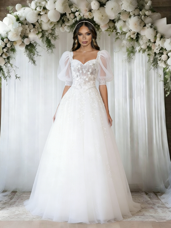 White Tulle Puff Sleeve Appliques Wedding Dress