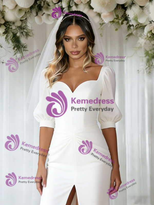 White Mermaid Puff Sleeve Wedding Dress