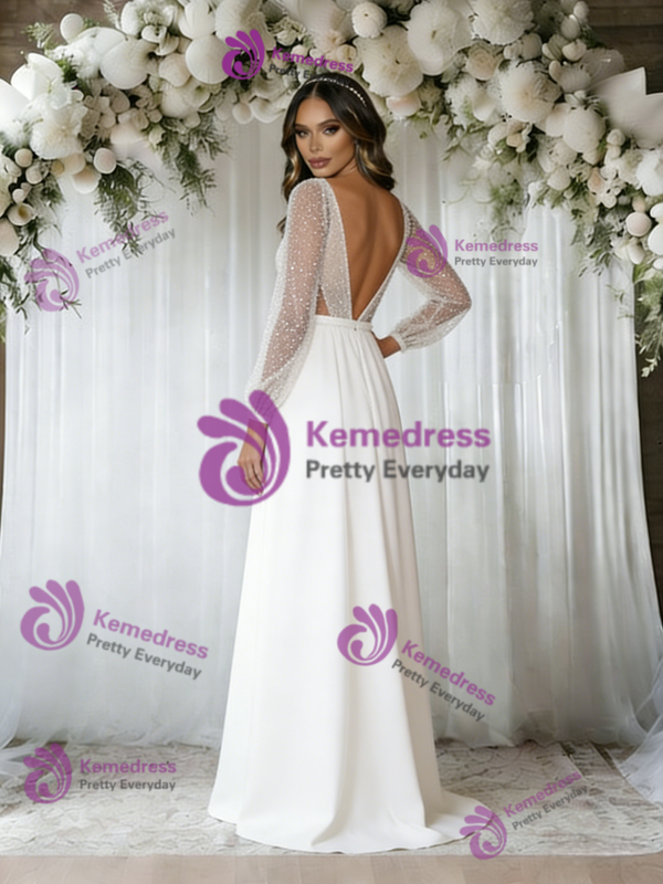 White Long Sleeve V-neck Backless Wedding Dress