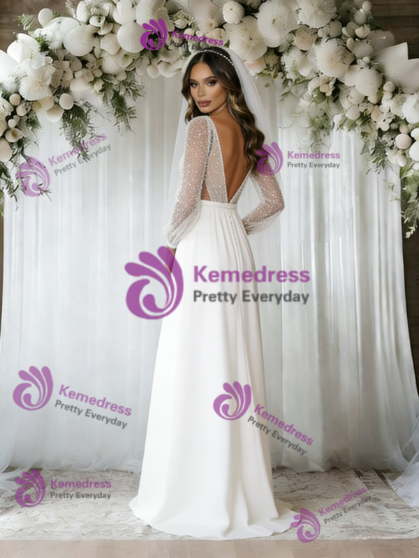 White Long Sleeve V-neck Backless Wedding Dress