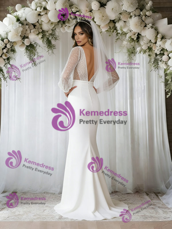 White Mermaid Long Sleeve Sequins Wedding Dress