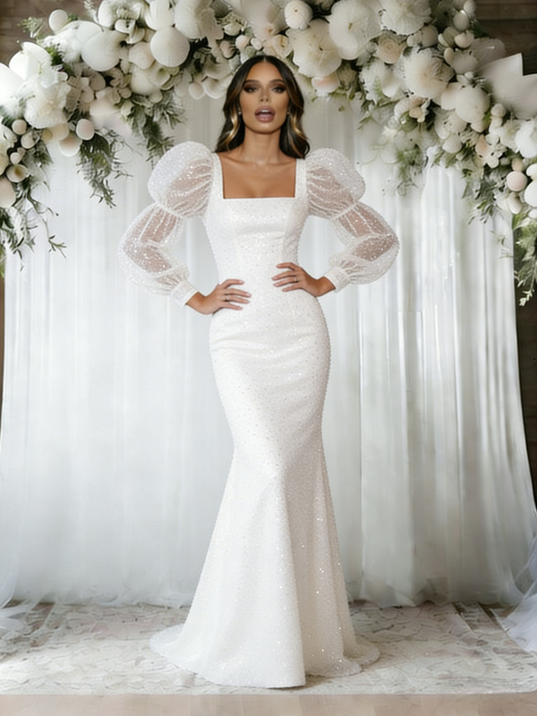 White Mermaid Sequins Long Sleeve Wedding Dress