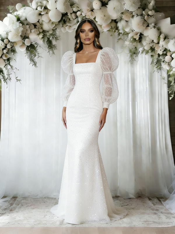 White Mermaid Sequins Long Sleeve Wedding Dress