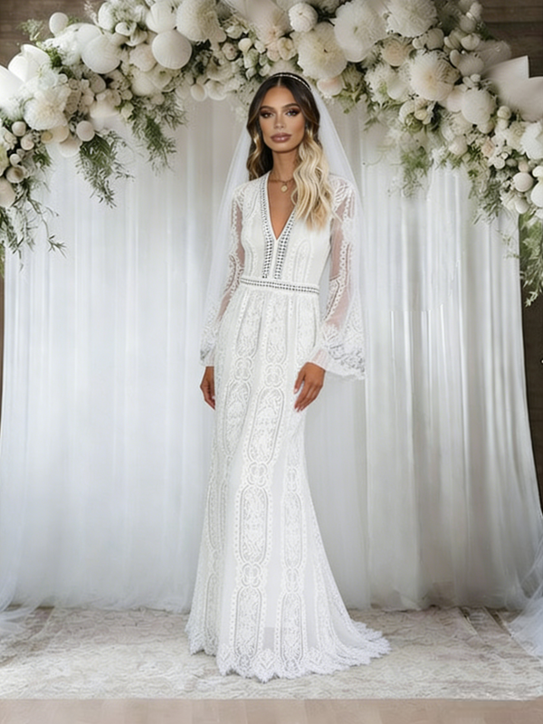 White Lace Long Sleeve Wedding Dress