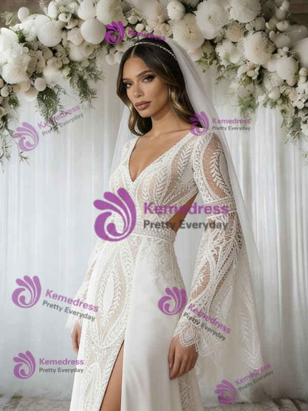 White V-neck Lace Long Sleeve Wedding Dress