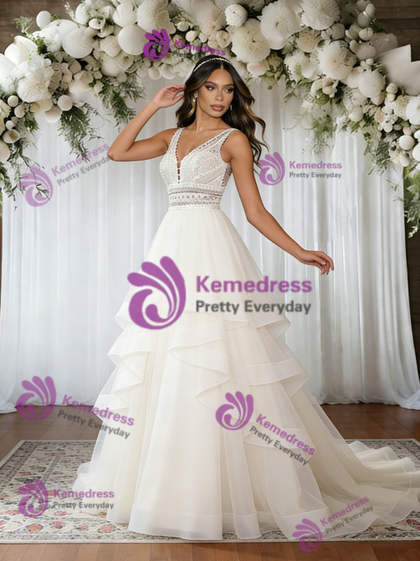Beige White Tulle Lace V-neck Wedding Dress