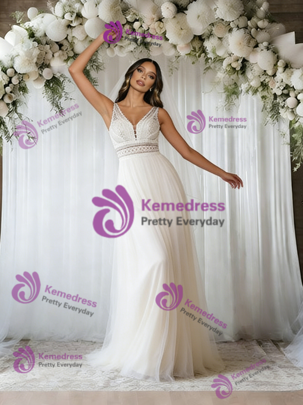 Beige White Tulle Lace V-neck Wedding Dress