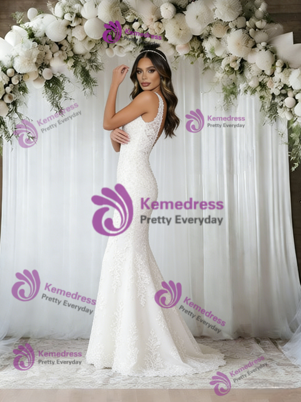 White Mermaid Appliques V-neck Wedding Dress