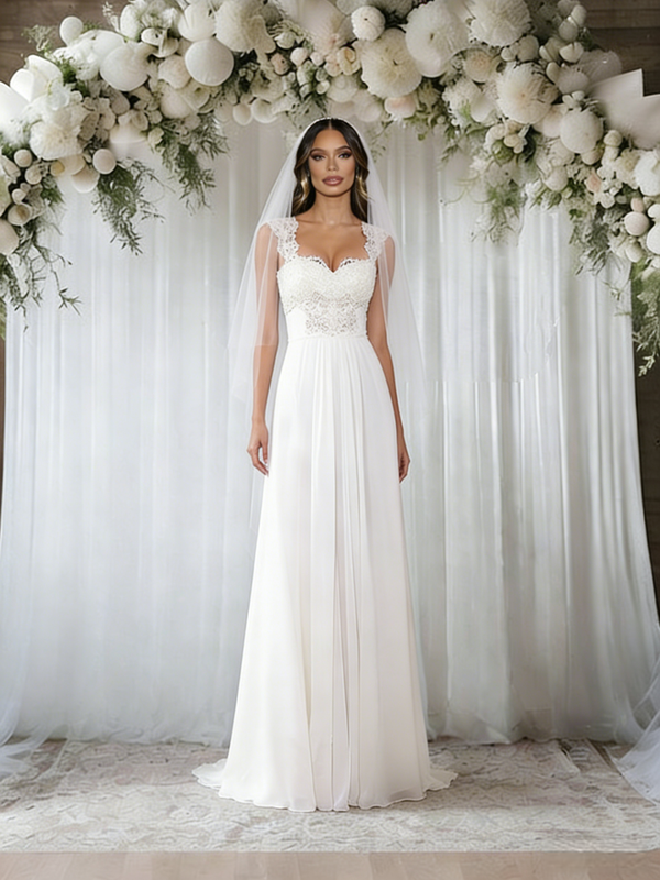 White Chiffon Lace Straps Wedding Dress