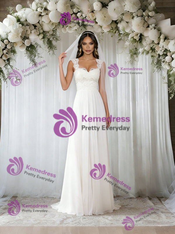 White Chiffon Lace Straps Wedding Dress