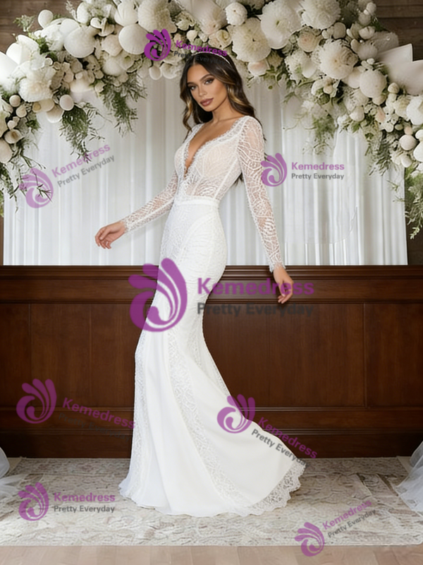 White Mermaid Lace Long Sleeve Wedding Dress