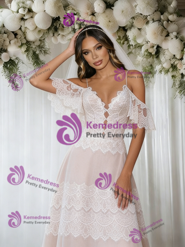 White Lace Spaghetti Straps Wedding Dress