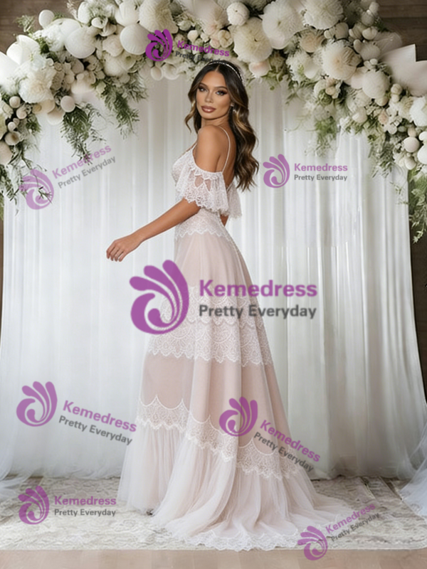 White Lace Spaghetti Straps Wedding Dress